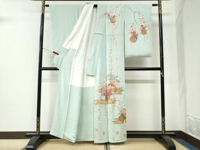 平和屋着物●訪問着　作家物　霞花籠文　金彩　鬼しぼ縮緬　正絹　逸品　CABI2377yc