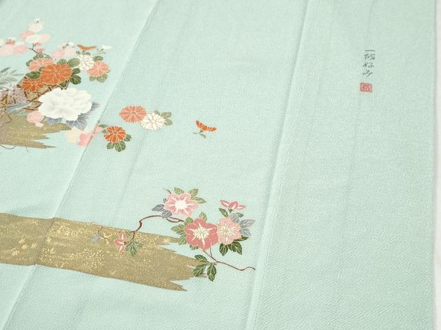 平和屋着物●訪問着　作家物　霞花籠文　金彩　鬼しぼ縮緬　正絹　逸品　CABI2377yc