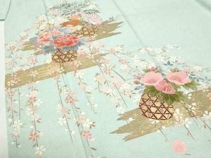 平和屋着物●訪問着　作家物　霞花籠文　金彩　鬼しぼ縮緬　正絹　逸品　CABI2377yc