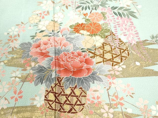 平和屋着物●訪問着　作家物　霞花籠文　金彩　鬼しぼ縮緬　正絹　逸品　CABI2377yc