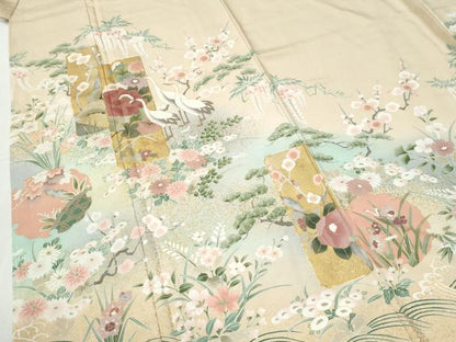 平和屋着物●豪華色留袖　駒刺繍　短冊群鶴浜松花文　暈し染め　金彩　正絹　逸品　CABI2378yc