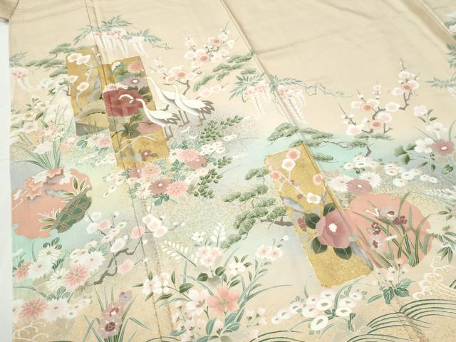 平和屋着物●豪華色留袖　駒刺繍　短冊群鶴浜松花文　暈し染め　金彩　正絹　逸品　CABI2378yc