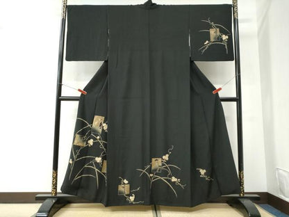 平和屋着物●訪問着　刺繍　色紙鶴南天蔦の葉花文　黒地　金彩　正絹　逸品　CABI2379yc