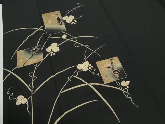 平和屋着物●訪問着　刺繍　色紙鶴南天蔦の葉花文　黒地　金彩　正絹　逸品　CABI2379yc