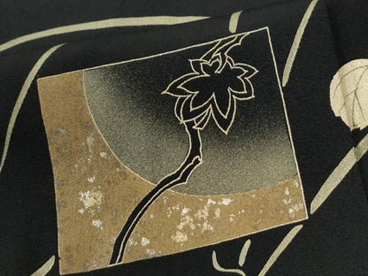 平和屋着物●訪問着　刺繍　色紙鶴南天蔦の葉花文　黒地　金彩　正絹　逸品　CABI2379yc