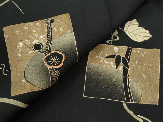 平和屋着物●訪問着　刺繍　色紙鶴南天蔦の葉花文　黒地　金彩　正絹　逸品　CABI2379yc