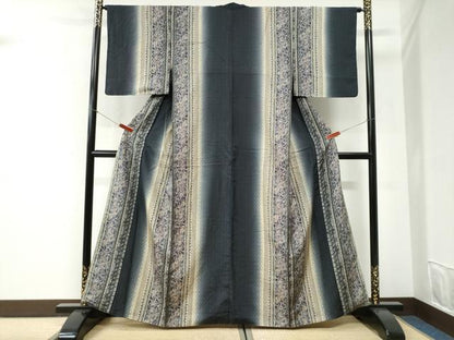 平和屋着物●上質な小紋　花織　紬地　更紗花唐草間道　正絹　逸品　CABI2388yc