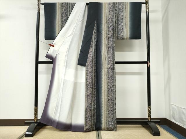 平和屋着物●上質な小紋　花織　紬地　更紗花唐草間道　正絹　逸品　CABI2388yc