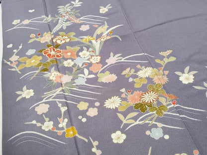 平和屋着物●訪問着　背抜き仕立て　草花文　金彩　鬼しぼ縮緬　正絹　逸品　CABI2390yc