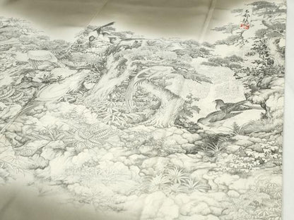 平和屋着物●琉染の創設者　山岡古都　水墨書　色留袖　手描き　休み鳥水辺風景文　暈し染め　正絹　逸品　CABI2392yc