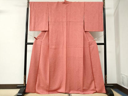 平和屋着物●上質な色無地　辻が花地紋　甚三紅色　ロング丈　正絹　逸品　CABI2403yc