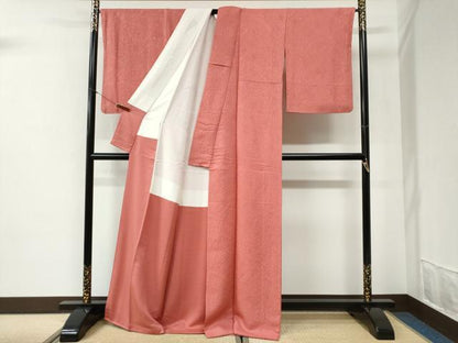 平和屋着物●上質な色無地　辻が花地紋　甚三紅色　ロング丈　正絹　逸品　CABI2403yc