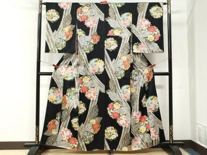 平和屋着物●上質な小紋　草花丸文　黒地　金彩　正絹　逸品　CABI2408yc