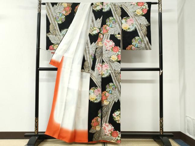 平和屋着物●上質な小紋　草花丸文　黒地　金彩　正絹　逸品　CABI2408yc