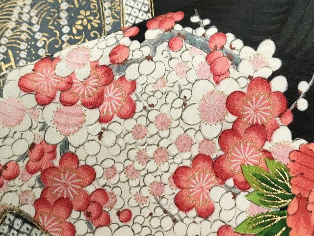 平和屋着物●上質な小紋　草花丸文　黒地　金彩　正絹　逸品　CABI2408yc