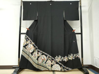 平和屋着物●豪華黒留袖　友禅　作家物　童子花唐草文　正絹　逸品　CABI2427yc