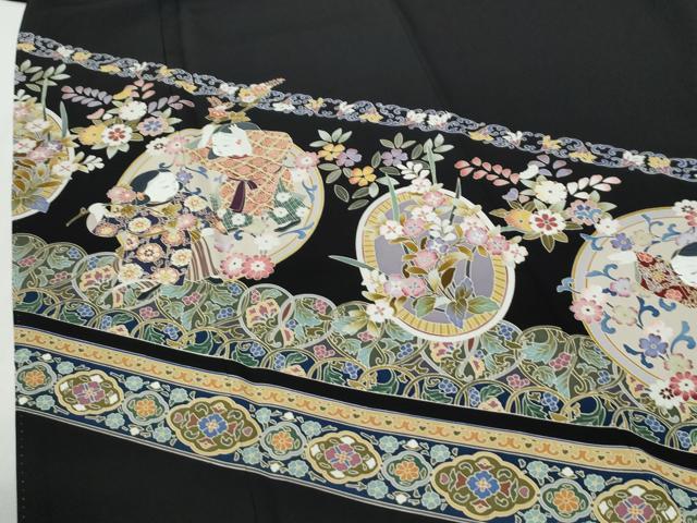平和屋着物●豪華黒留袖　友禅　作家物　童子花唐草文　正絹　逸品　CABI2427yc