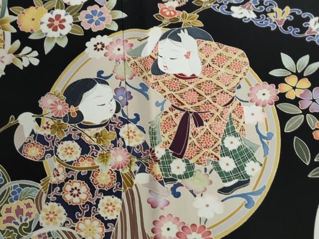 平和屋着物●豪華黒留袖　友禅　作家物　童子花唐草文　正絹　逸品　CABI2427yc