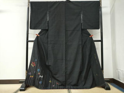 平和屋着物●絲藝苑　上島洋山　海草染　色留訪問着　紬地　花蝶文　黒地　金銀糸　ロング丈　正絹　逸品　未使用　CABI2435yc
