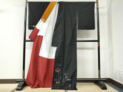平和屋着物●絲藝苑　上島洋山　海草染　色留訪問着　紬地　花蝶文　黒地　金銀糸　ロング丈　正絹　逸品　未使用　CABI2435yc