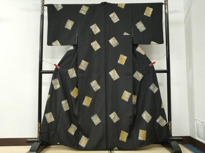平和屋着物●上質な紬　杢目絞り　色紙文　黒地　正絹　逸品　CABI2456yc