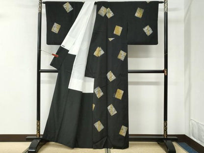 平和屋着物●上質な紬　杢目絞り　色紙文　黒地　正絹　逸品　CABI2456yc