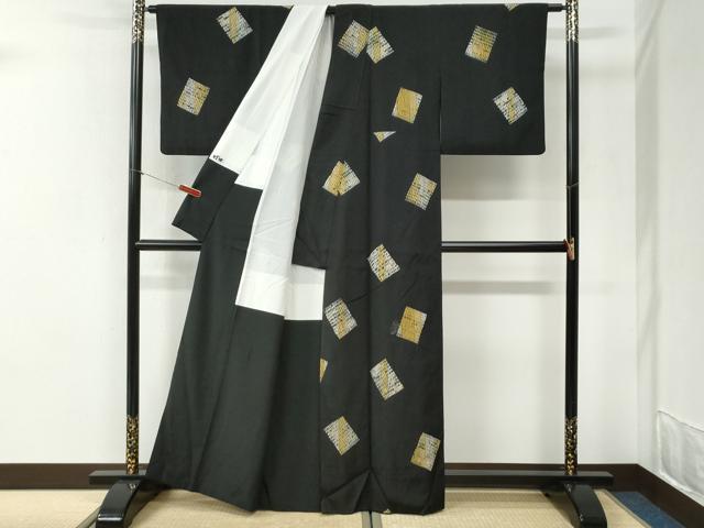 平和屋着物●上質な紬　杢目絞り　色紙文　黒地　正絹　逸品　CABI2456yc