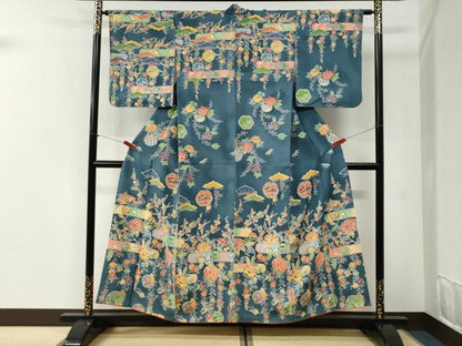 平和屋着物●訪問着　型染め　霞松竹梅花鳥文　正絹　逸品　CABI2460yc
