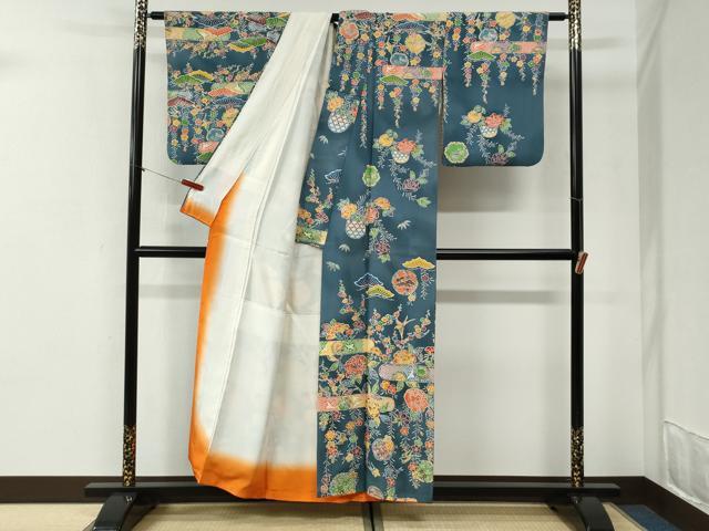 平和屋着物●訪問着　型染め　霞松竹梅花鳥文　正絹　逸品　CABI2460yc