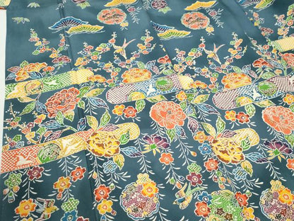 平和屋着物●訪問着　型染め　霞松竹梅花鳥文　正絹　逸品　CABI2460yc