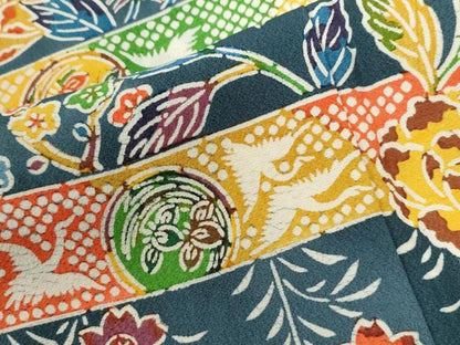 平和屋着物●訪問着　型染め　霞松竹梅花鳥文　正絹　逸品　CABI2460yc