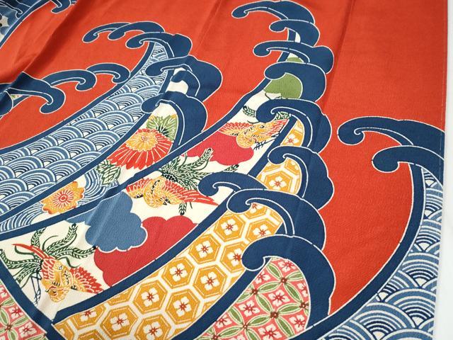 平和屋着物●豪華振袖　型染め　立波鳳凰吉祥花文　鬼しぼ縮緬　正絹　逸品　CABI2465yc