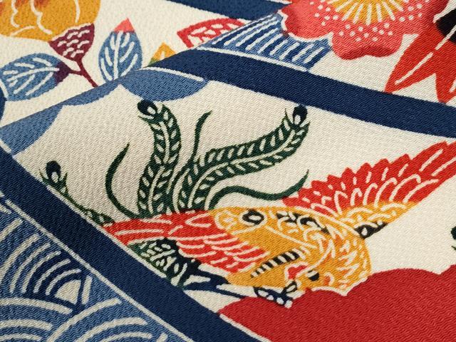 平和屋着物●豪華振袖　型染め　立波鳳凰吉祥花文　鬼しぼ縮緬　正絹　逸品　CABI2465yc