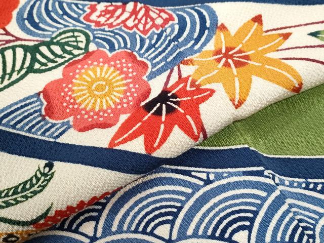 平和屋着物●豪華振袖　型染め　立波鳳凰吉祥花文　鬼しぼ縮緬　正絹　逸品　CABI2465yc
