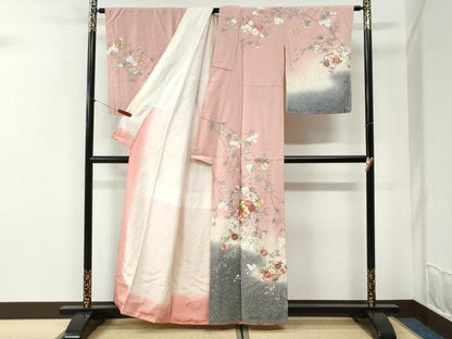 平和屋着物●英王室献上友禅作家　木下勝功　訪問着　駒刺繍　雪輪枝花文　暈し染め　金彩　正絹　逸品　CABI2489yc
