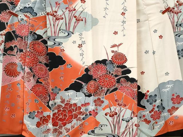 平和屋着物●豪華振袖　型染め　松竹梅菊牡丹花文　暈し染め　正絹　逸品　CABI2501yc
