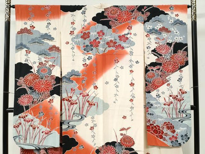 平和屋着物●豪華振袖　型染め　松竹梅菊牡丹花文　暈し染め　正絹　逸品　CABI2501yc