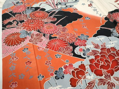 平和屋着物●豪華振袖　型染め　松竹梅菊牡丹花文　暈し染め　正絹　逸品　CABI2501yc