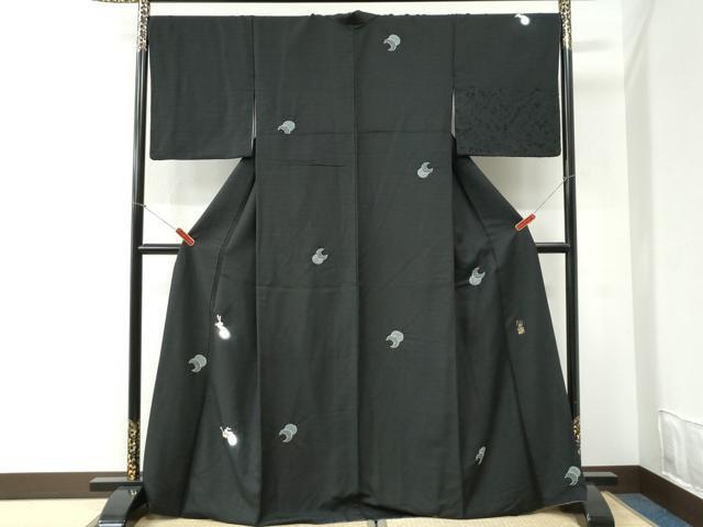 平和屋着物●野村一峰　訪問着　紬地　兎　三日月　蛍暈し　黒地　正絹　逸品　CABI2506yc