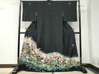 平和屋着物●豪華黒留袖　友禅　作家物　鷺枝花文　暈し染め　正絹　逸品　未使用　CABI2532yc