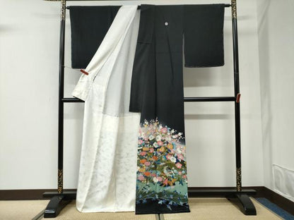 平和屋着物●豪華黒留袖　友禅　作家物　鷺枝花文　暈し染め　正絹　逸品　未使用　CABI2532yc