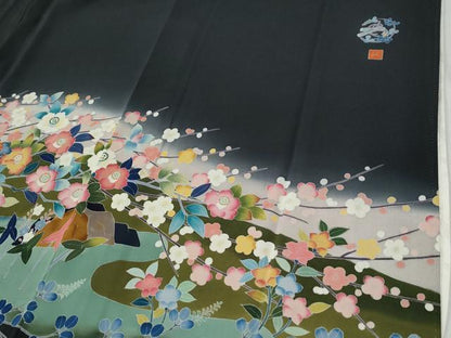 平和屋着物●豪華黒留袖　友禅　作家物　鷺枝花文　暈し染め　正絹　逸品　未使用　CABI2532yc