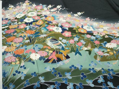平和屋着物●豪華黒留袖　友禅　作家物　鷺枝花文　暈し染め　正絹　逸品　未使用　CABI2532yc