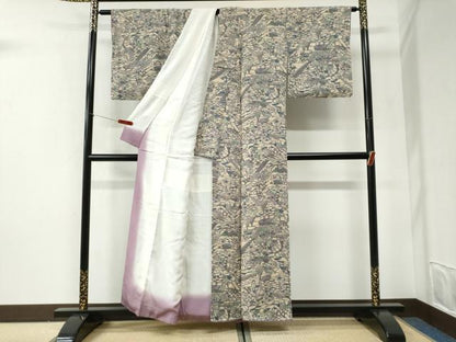 平和屋着物●上質な小紋　型染め　風景文　鬼しぼ縮緬　正絹　逸品　CABI2533yc