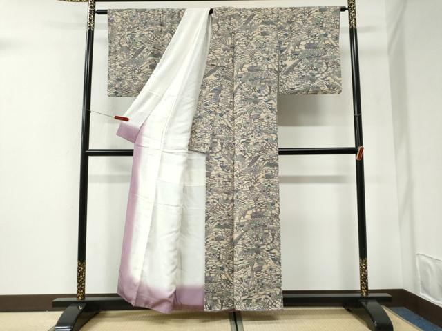 平和屋着物●上質な小紋　型染め　風景文　鬼しぼ縮緬　正絹　逸品　CABI2533yc