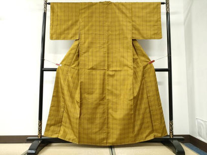 平和屋着物●黄八丈　紬　綾織　格子　正絹　逸品　未使用　CABI2544yc