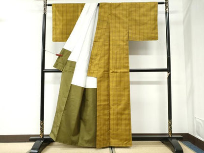 平和屋着物●黄八丈　紬　綾織　格子　正絹　逸品　未使用　CABI2544yc