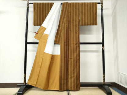 平和屋着物●黄八丈　紬　平織　縞　正絹　逸品　CABI2545yc