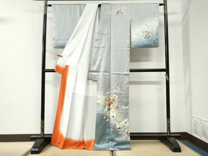 平和屋着物●訪問着　駒刺繍　飛鶴雪輪貝桶草花文　暈し染め　金彩　正絹　逸品　CABI2555yc
