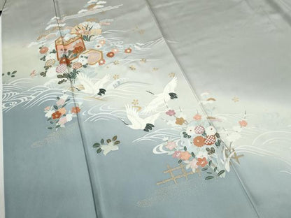 平和屋着物●訪問着　駒刺繍　飛鶴雪輪貝桶草花文　暈し染め　金彩　正絹　逸品　CABI2555yc